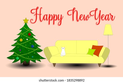 New Year's interior. Merry Christmas and Happy New Year. Sofa with a cat. Christmas tree. Vector illustration