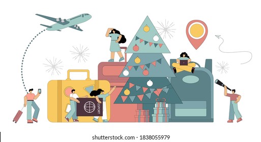 New Year's journey. Flights on holidays. Travel planning for Christmas. Vector illustration isolated on white background.