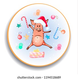 New Year's joyful pig, the symbol of the year, funny pig in a hat