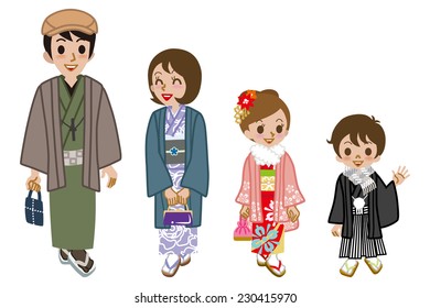 New year's Kimono family walking,front view