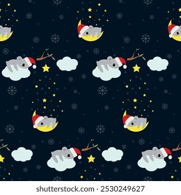 New Year's koala pattern on a dark background. Factory textiles.