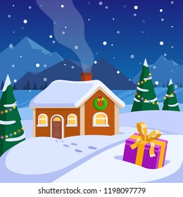 New Year's landscape, house in the forest. There is a gift in a snowdrift.  Modern flat style.