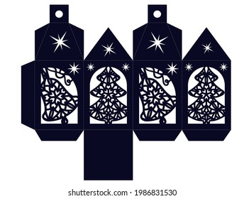 New Year's lantern with an openwork Christmas tree and a New Year's bell. DIY stencil for cutting and New Year's decor and gifts