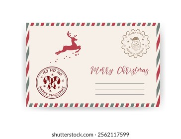 New years letter envelope with stamps and reindeer. Letter accessories  postmarks  christmas illustration. vector	
