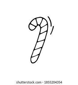 New Year's lollipop with stripes. Christmas candy cane on the tree. Vector hand-drawn doodle illustration. Black and white outline