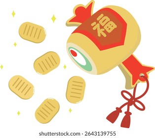 New Year's lucky charms: mallet and gold coins, vector illustration, New Year's card
