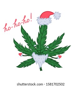 New Year's marijuana in a cap and with a beard. Cannabis - Santa isolated on a white background. Vector graphics.