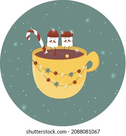New Year's marshmallows. Marshmallows in a hat. New Year's drink. Hot chocolate with marshmallows. Christmas cup of coffee with marshmallows. 