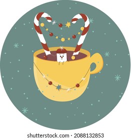 New Year's marshmallows. Marshmallows in a hat. New Year's drink. Hot chocolate with marshmallows. Christmas cup of coffee with marshmallows. 