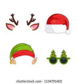 New Year's Masks For Photos. Christmas Clipart Santa Claus And Elf Hat. Vector Cartoon Illustration
