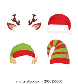 
New Year's masks for photos. New Year's hats. Hat of Santa Claus, elf and rudolph.