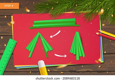 New Year's master class made of paper. Origami with ball garland and Christmas tree for home decoration. Crafts with children's hands. DIY concept. Vector step-by-step instructions. Step 4
