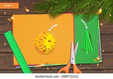 New Year's master class made of paper. Origami with ball garland and Christmas tree for home decoration. Crafts with children's hands. DIY concept. Vector step-by-step instructions. Step 