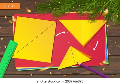 New Year's master class made of paper. Origami with ball garland and Christmas tree for home decoration. Crafts with children's hands. DIY concept. Vector step-by-step instructions. Step 