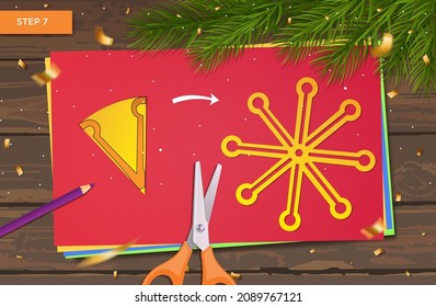 New Year's master class made of paper. Origami with ball garland and Christmas tree for home decoration. Crafts with children's hands. DIY concept. Vector step-by-step instructions. Step 