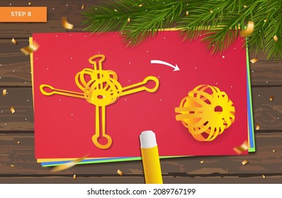 New Year's master class made of paper. Origami with ball garland and Christmas tree for home decoration. Crafts with children's hands. DIY concept. Vector step-by-step instructions. Step 