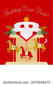 Material del año Nuevo: Material simple y elegante de la tarjeta del año Nuevo de un caballo que gira en un kagami mochi merry-go-round (año del caballo)