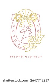 New Year's materials: Simple and stylish New Year's card material with horseshoe decorations and a horse (Year of the Horse)