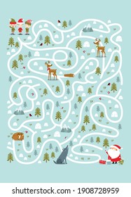 New Year's maze. A game for children. Santa's helpers.