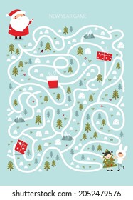 New Year's maze. A game for children. Santa delivers gifts to children