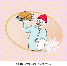 New Year's menu. Chevron in Santa hat with a dish on a colored background. Vector
