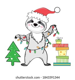 New Year's and Merry Christmas card with cute sloths on a white background. Funny picture for winter holidays