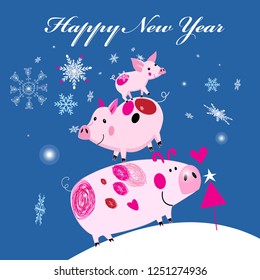 New Year's merry greeting card with three piglets on the background with snowflakes. Design for an example.