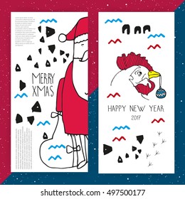 New Years and and Merry Xmas cards or party invitations with Santa and cock. Geometric element. Winter holidays. Doodle