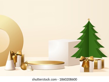 Nueva Años mínima escena de renderización 3d con árbol verde y plataforma de podio. Representación 3d del vector de fondo del árbol de Navidad con podio de oro. para mostrar el producto. Muestra de escena sobre oro de navidad peatonal