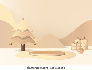 New Years minimal rendered scene 3d with gold tree and podium platform. Christmas tree background vector 3d rendering with gold podium. stand to show product. Stage showcase on pedestal Christmas gold