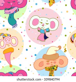 New Year's monkeys. Seamless pattern with winter monkeys in scarfs and Christmas caps, snow, snowflakes and confetti. Christmas design, background or card.