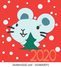 New Year's mouse 2020.  eps 10 vector Christmas. Chinese calendar rat year. postcard, tree, snow, red