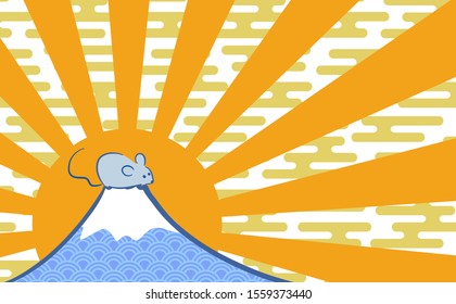 New Year's Mt. Fuji and mouse hand-drawn illustration material. Vector. 2020.  New Year's card.