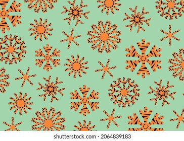 New Year's multi-colored, festive and bright background. Snowflakes with a tiger print on a turquoise background. Horizontal layout. Vector illustration.
