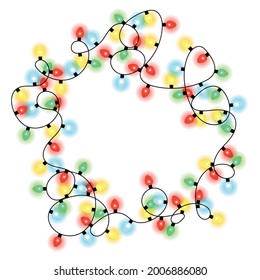 New Year's multi-colored shiny garland in the form of a frame. Colored holiday light bulbs on a black wire isolated on a white background. Decoration for banner and greeting card.
