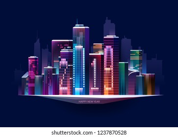 New Year's night city. Vector greeting card 2019.