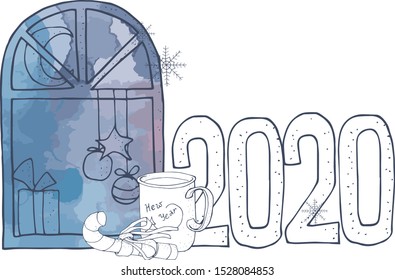 new years night.drawing vector window cup candy and inscription.