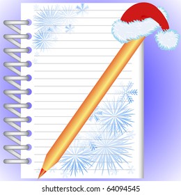 New Year's notebook with snowflakes and a gold pencil in a red cap