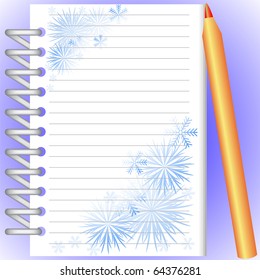 New Year's notebook with snowflakes and a gold pencil