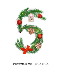 New Year's number 5 from fir branches, decorated with Christmas balls, gingerbread cookies, beads and a congratulatory label.