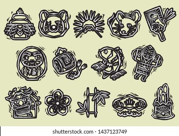 new years objects of woodblock print style icon for Japanese zodiac - Rat , black stamp on khaki background