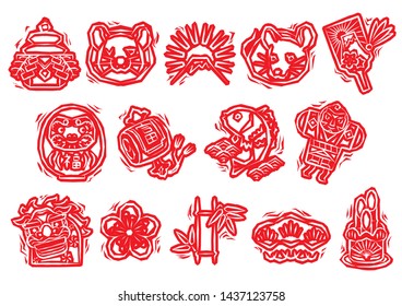 new years objects of woodblock print style icon for Japanese zodiac - Rat , red stamp on white background