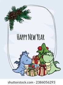 New Year's opening template with space for text, New Year's elements and the symbol of the year - a cute dragon