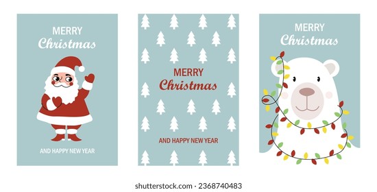 New Year's openings. Vector illustration. Santa Claus, teddy bear, Christmas tree.