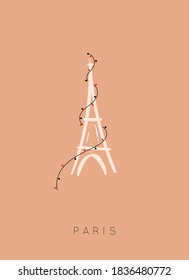 New Years Paris Postcard. Eiffel Tower with lanterns. Flat hand drawn style. minimalistic card on a beige background. vector stock illustration.