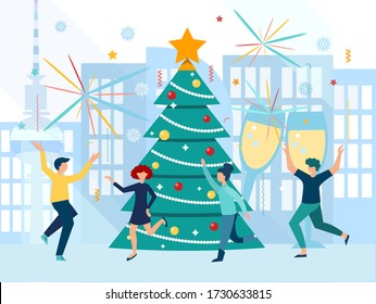 New Year's party in the big city. Merry Christmas and New Year celebration concept vector illustration. New Year's party, young people dancing and having fun near the Christmas tree.