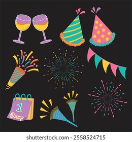 New Year's party decoration element set with bright and modern colors that create a festive and energetic vibe. Perfect for digital content decorations with a celebration and New Year's theme.