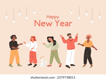 New Year's party illustration. People communicate and have fun, xmas corporate event. Creative characters, cute dog, light bulbs. Girl in pajamas, man laughing, stylish cheerful person. Vector card.