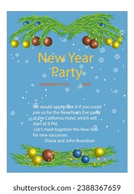 New Year's party invitation with balls and fir branches. Vector illustration.