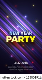 New Year's party poster with glowing stripes and colorful lights. Vector illustration.